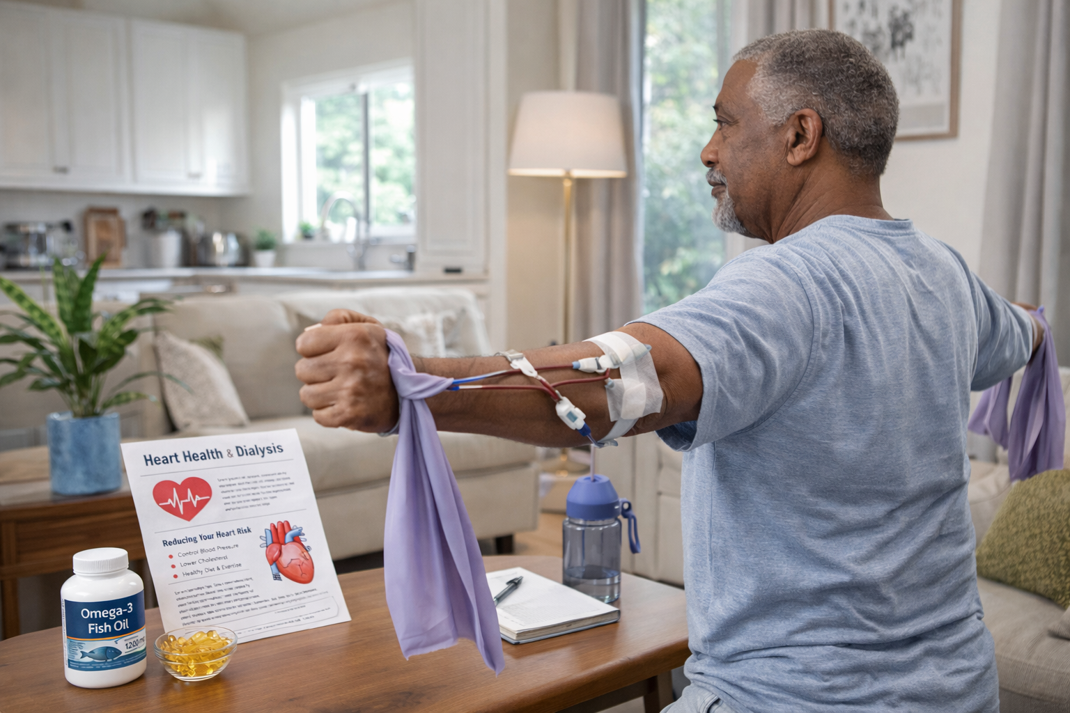 Dialysis patient practicing daily heart-healthy routines at home