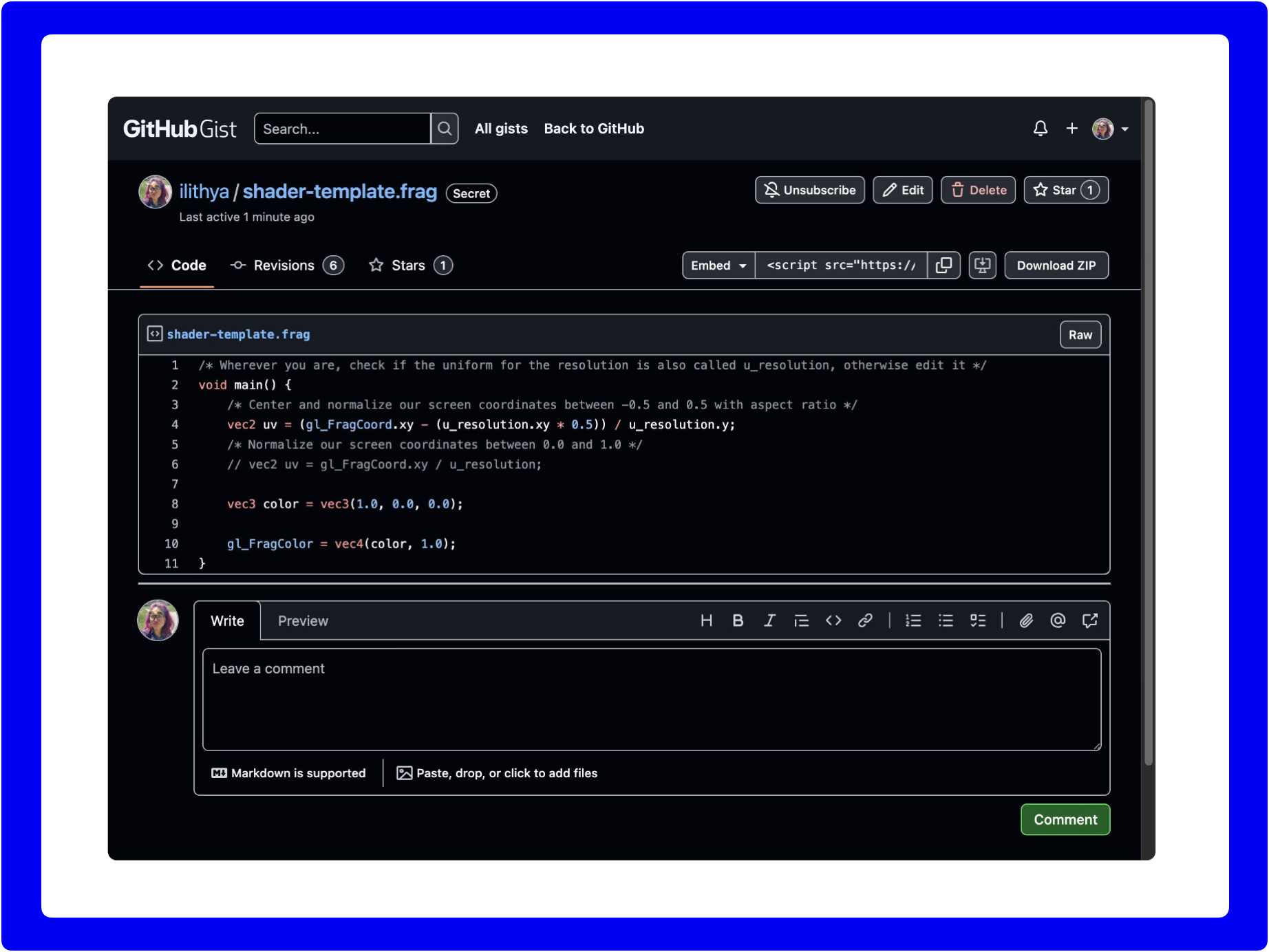 Gist starter template with GLSL shader by ilithya