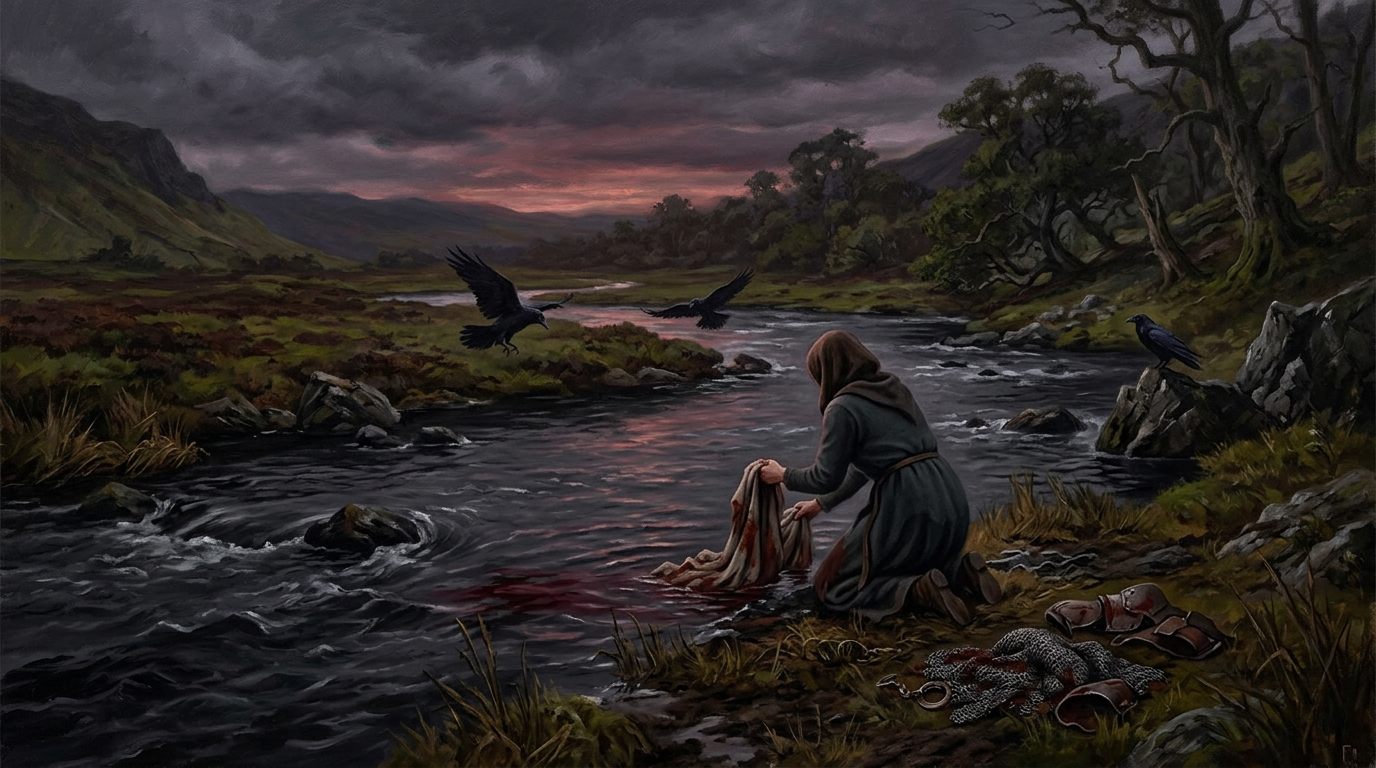 A atmospheric painting at twilight showing a hooded woman kneeling by a rushing river in a moody, rolling Irish landscape, washing a piece of cloth stained with blood. Black crows fly across the cloudy dusk sky and perch on nearby rocks. Discarded chainmail and armor pieces lie on the grassy bank next to her.