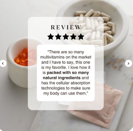 Customer review praising Three Vitalité multivitamin for its natural ingredients and superior absorption technology.