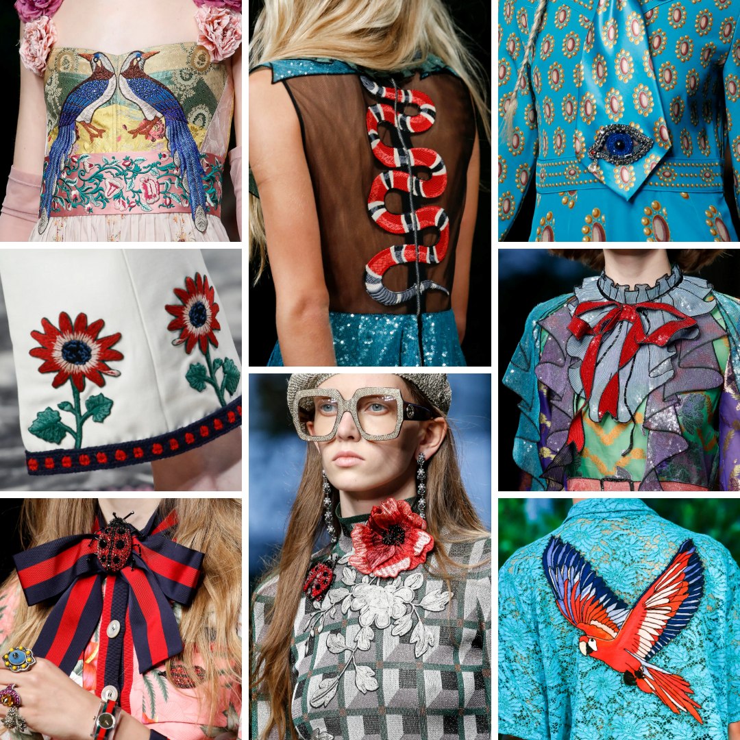 Gucci Spring 2016 collection highlights embroidered animal and floral motifs, including snakes, birds, and ladybugs, along with trompe l’oeil effects and bold ruffled designs on colorful fabrics