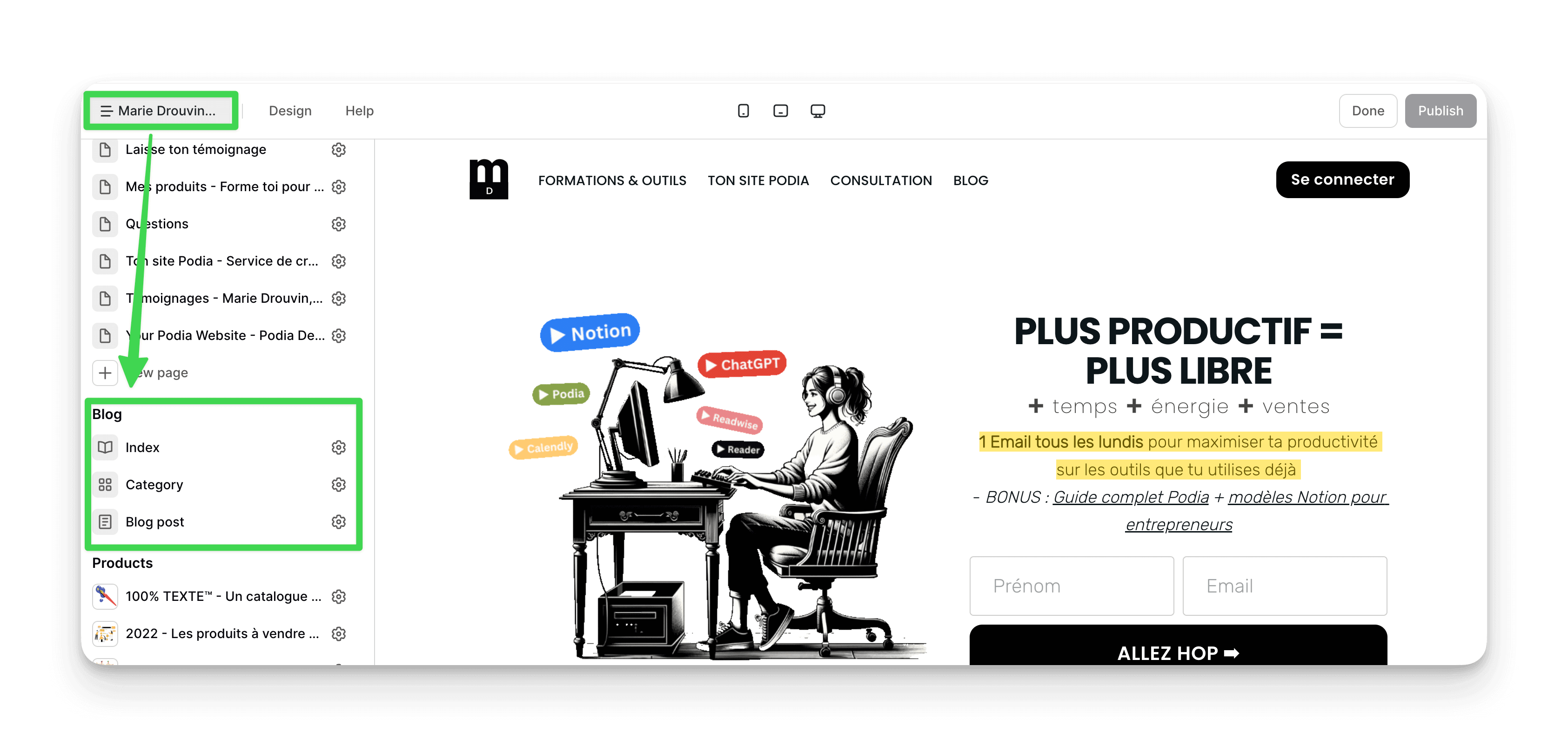 modifier les pages liées au blog sur l'éditeur de site de Podia