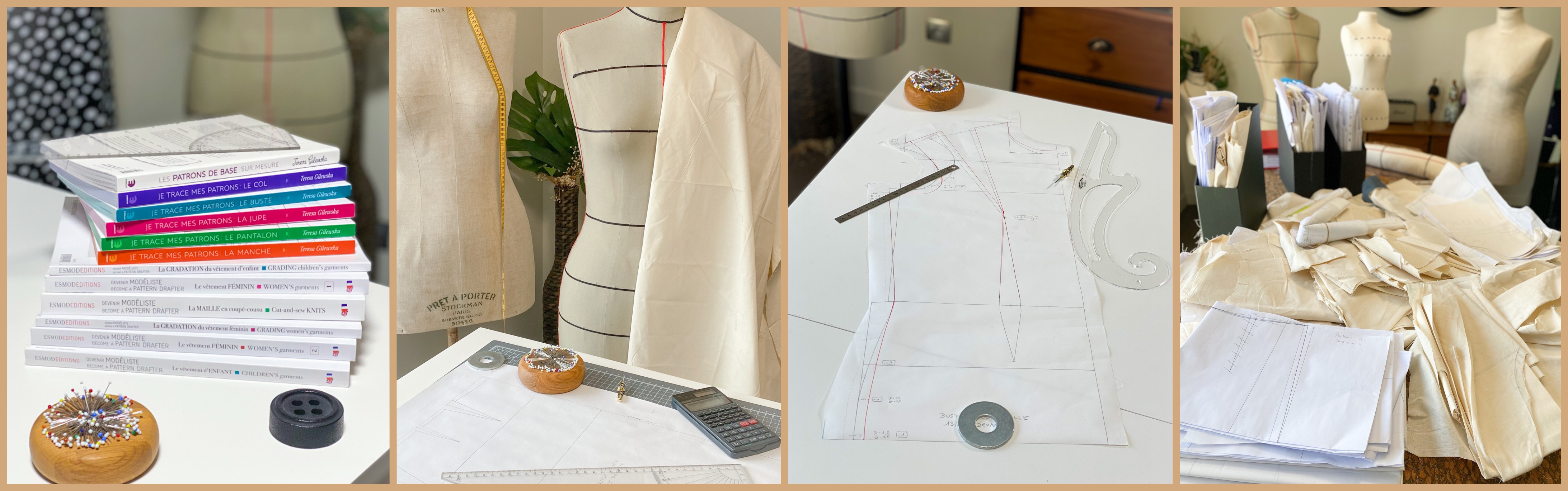 Illustration du travail du modéliste : tracés, toiles, compilation de différentes méthodes