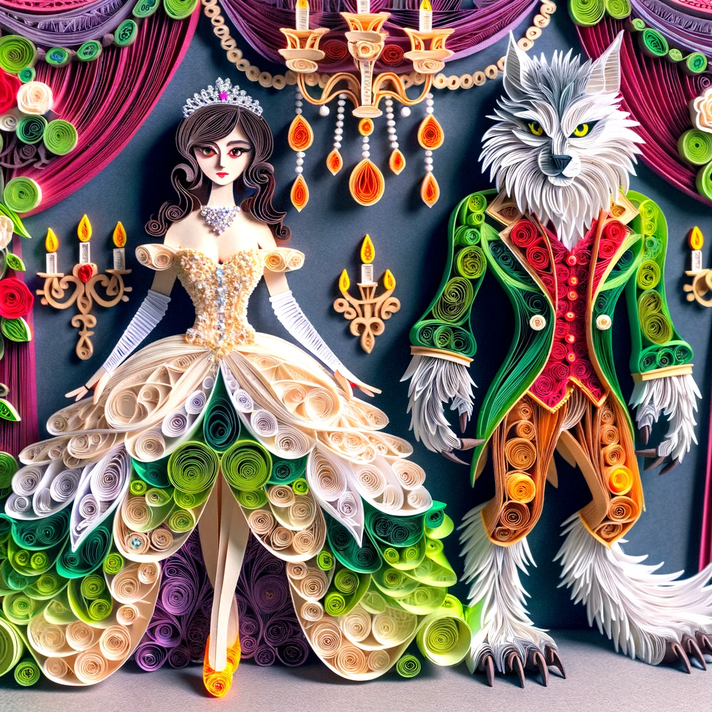 Beauty and the beast. Image in the style of paper quilling.