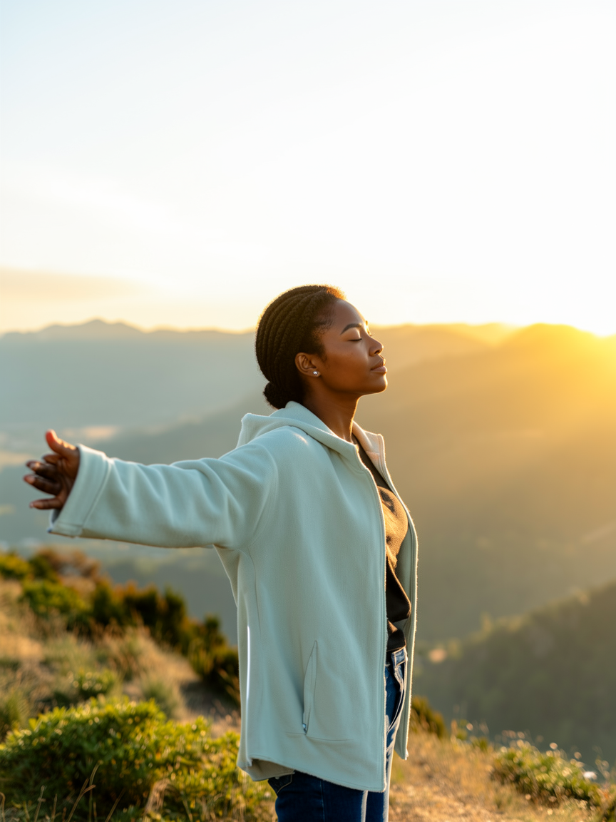 Woman reflecting while overlooking scenic destination during travel