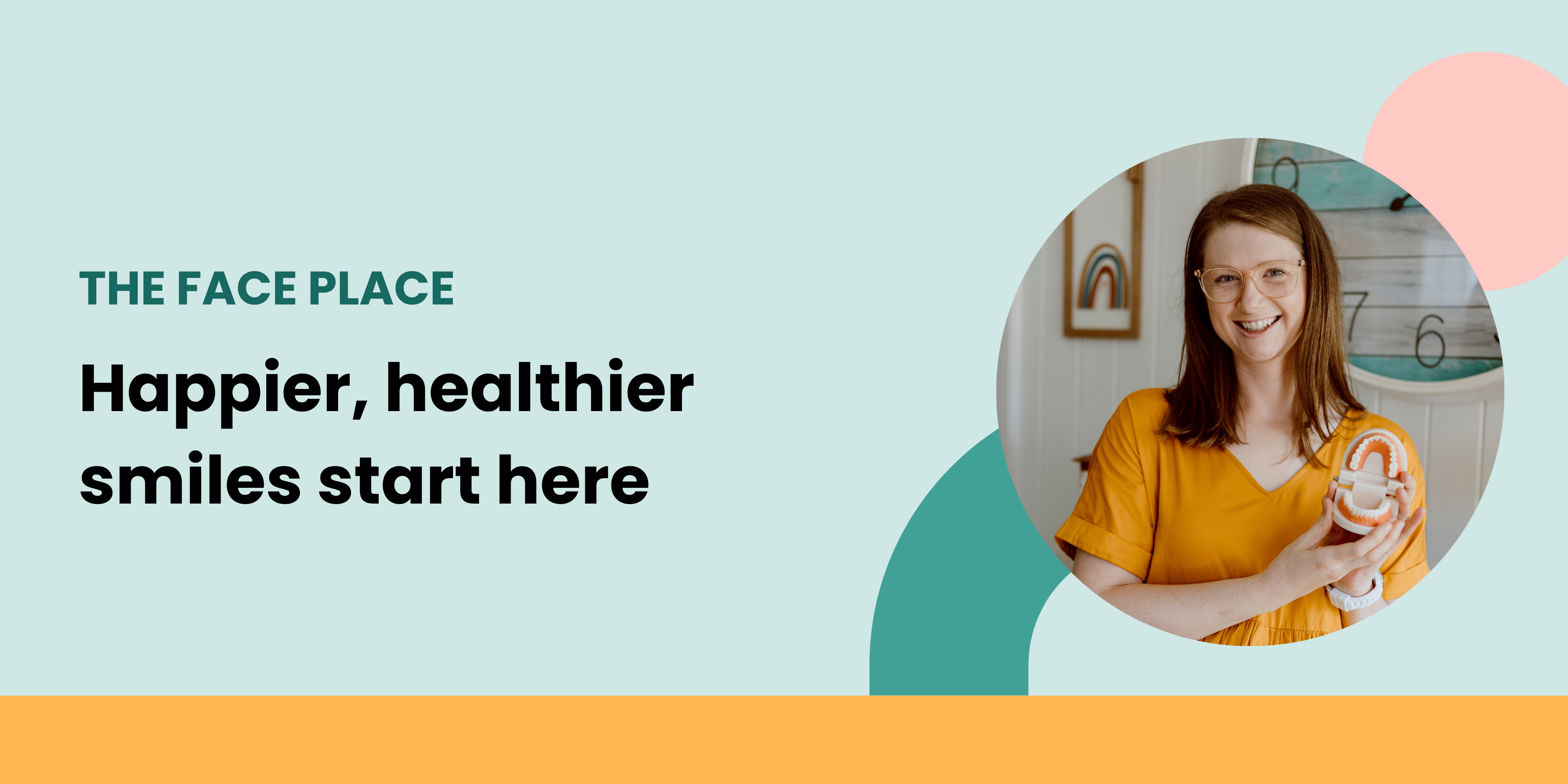 The Face Place footer banner promoting holistic children’s dental care with tagline “Happier, healthier smiles start here”