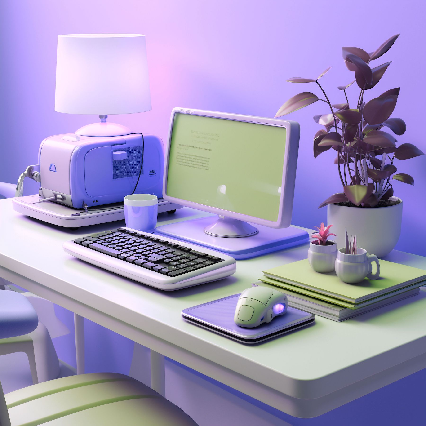 AI generated computer, keyboard, mouse, journal and plant in hues of purple and green on a desktop.