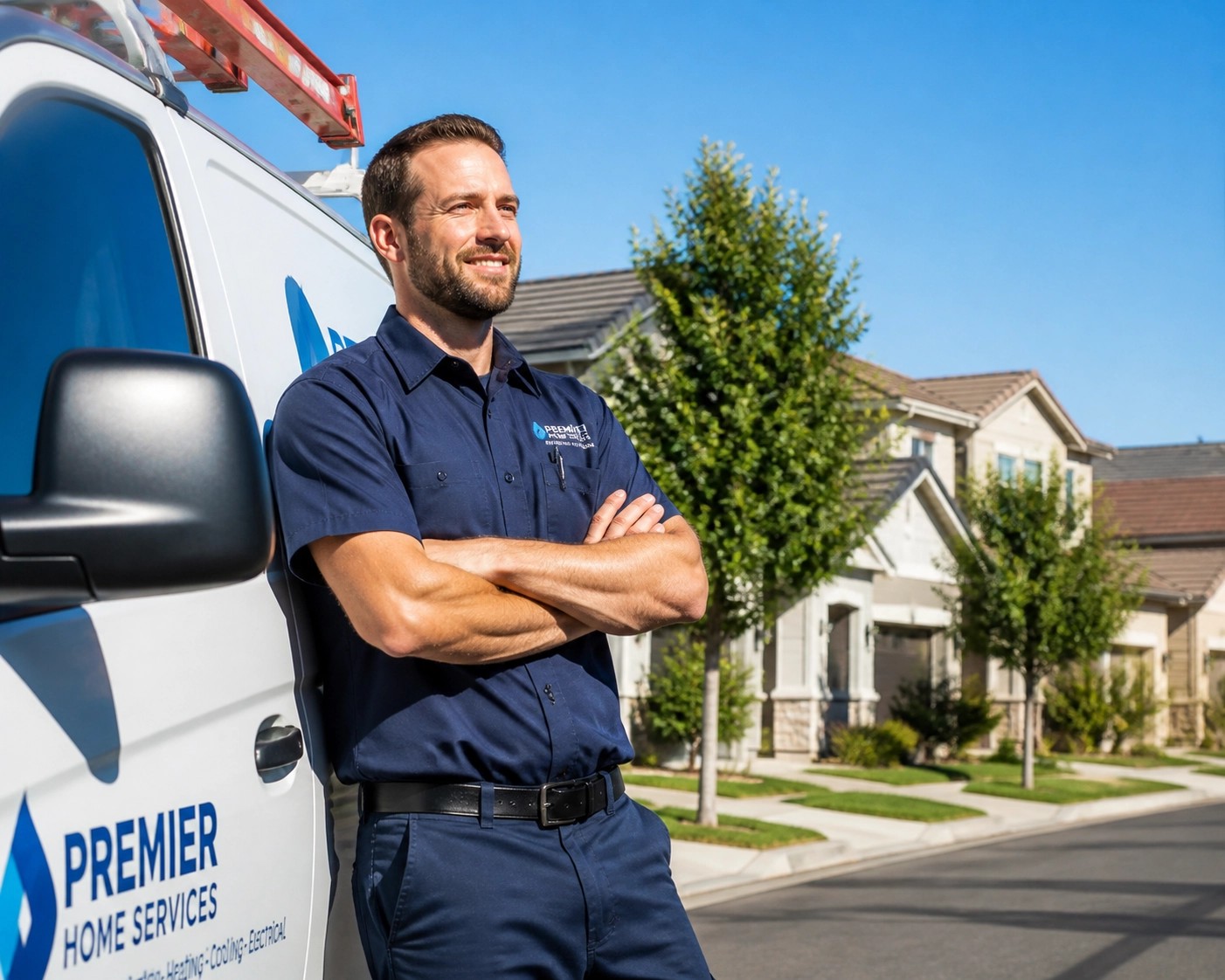 A confident service technician standing by a professional van, symbolizing the success and independence found in "AI-resilient" careers.