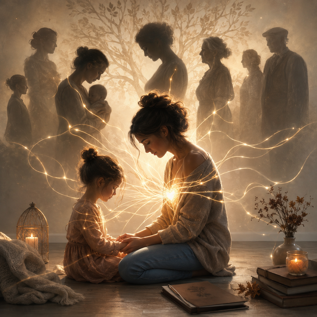 Femme adulte tenant la main de son enfant intérieur avec des silhouettes familiales en arrière-plan pour illustrer le rôle d’enfant responsable en amour