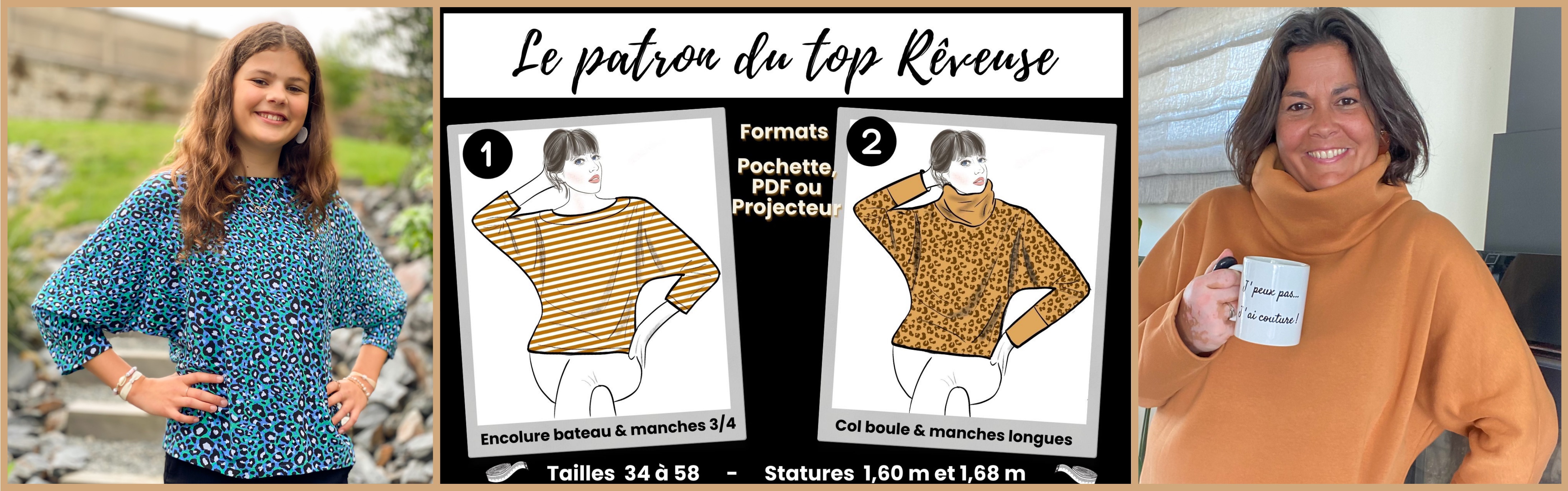 Illustration de mon premier patron le top Rêveuse : 2 versions col boule et col bateau en tailles différentes 36 et 50