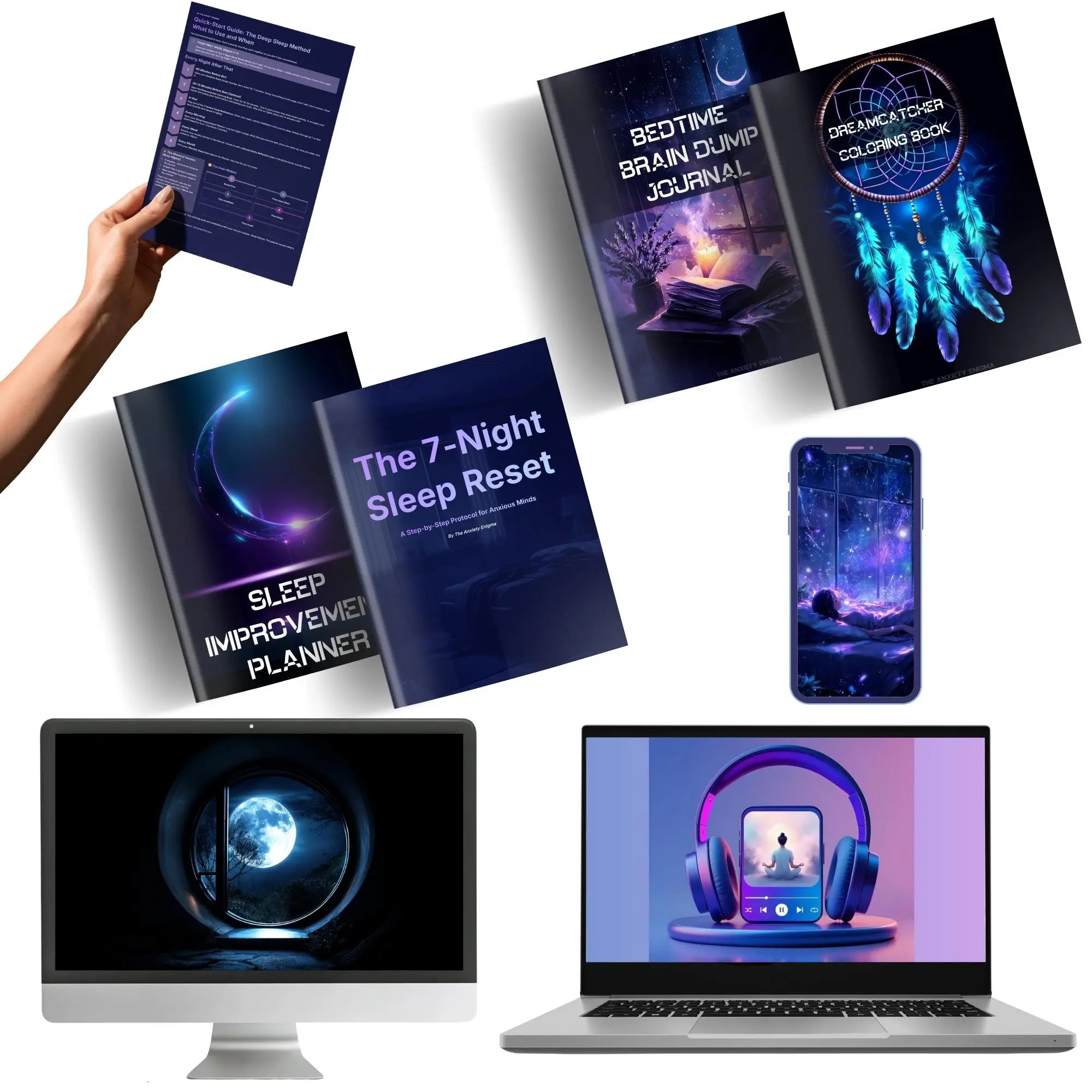 Collage of sleep-themed digital products and mockups on a light gray background, including printable guides, journals, planners, phone wallpaper, and desktop and laptop screens with blue and purple night imagery. Visible titles include “Bedtime Brain Dump Journal,” “Dreamcatcher Coloring Book,” “Sleep Improvement Planner,” and “The 7-Night Sleep Reset.”