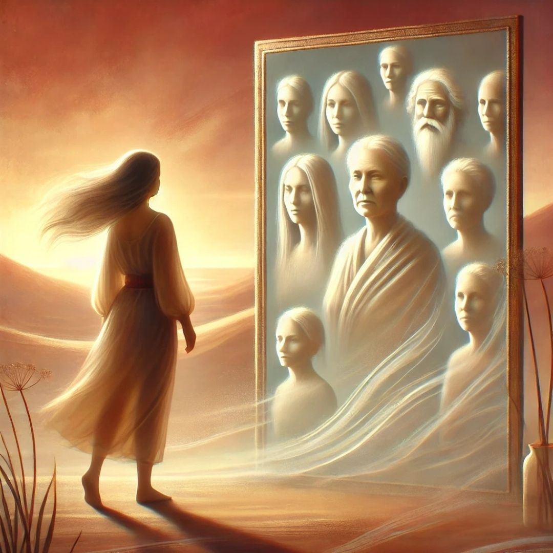 Illustration d’une femme observant un miroir reflétant les visages de ses ancêtres, symbole de la prise de conscience des blessures transgénérationnelles.