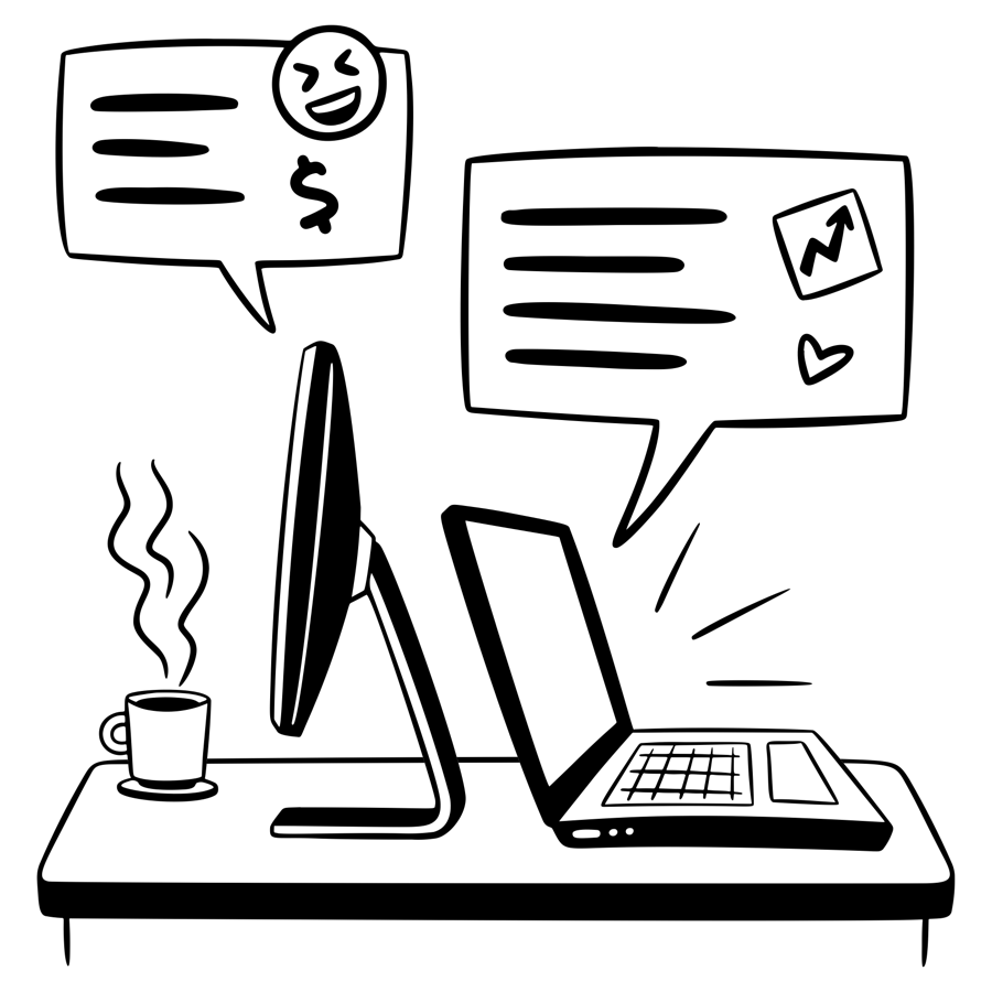 An illustration of a computer and a laptop both with chat bubbles showing positive elements