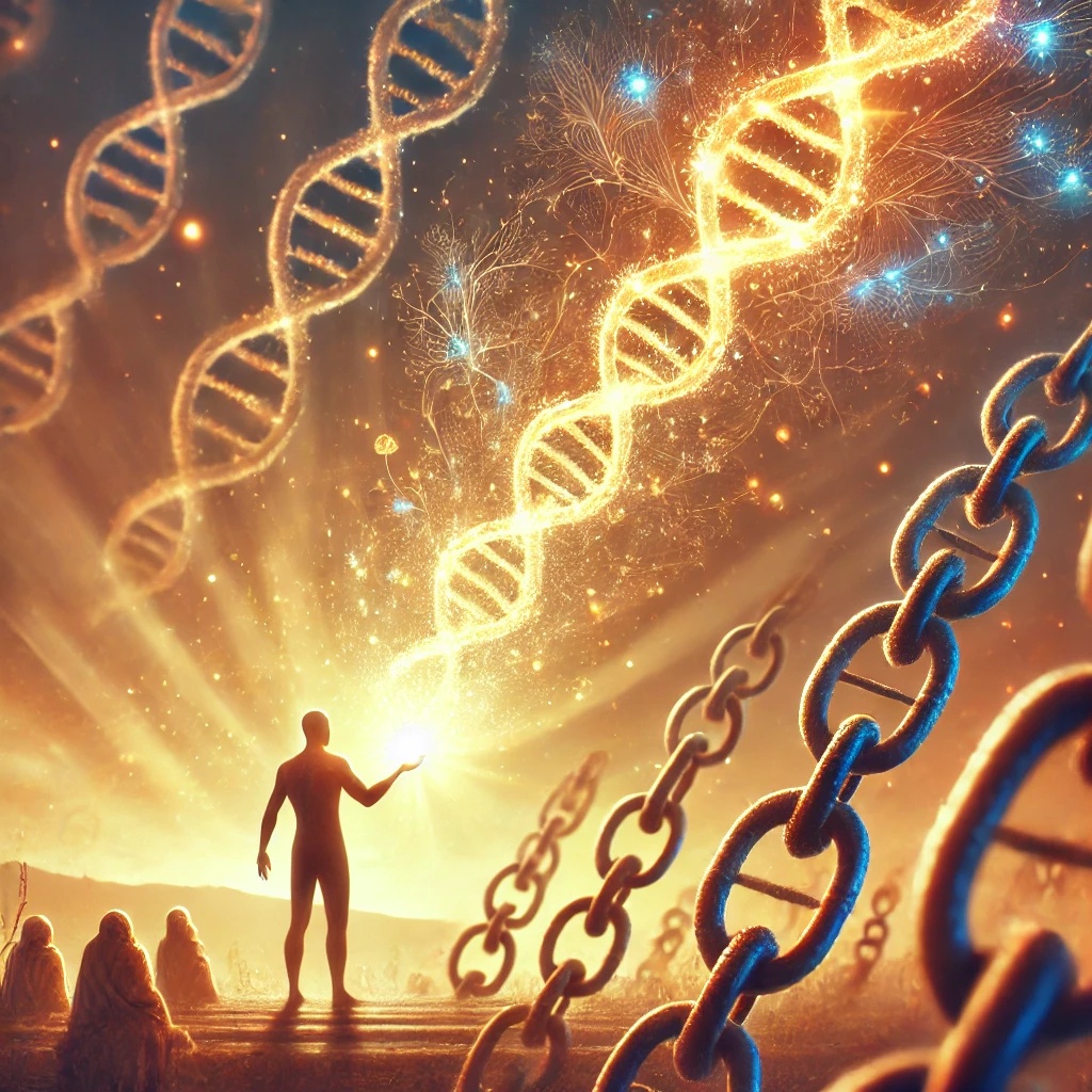 Illustration symbolique de la libération des traumatismes transgénérationnels, montrant une personne dissolvant des chaînes lumineuses d’héritage énergétique