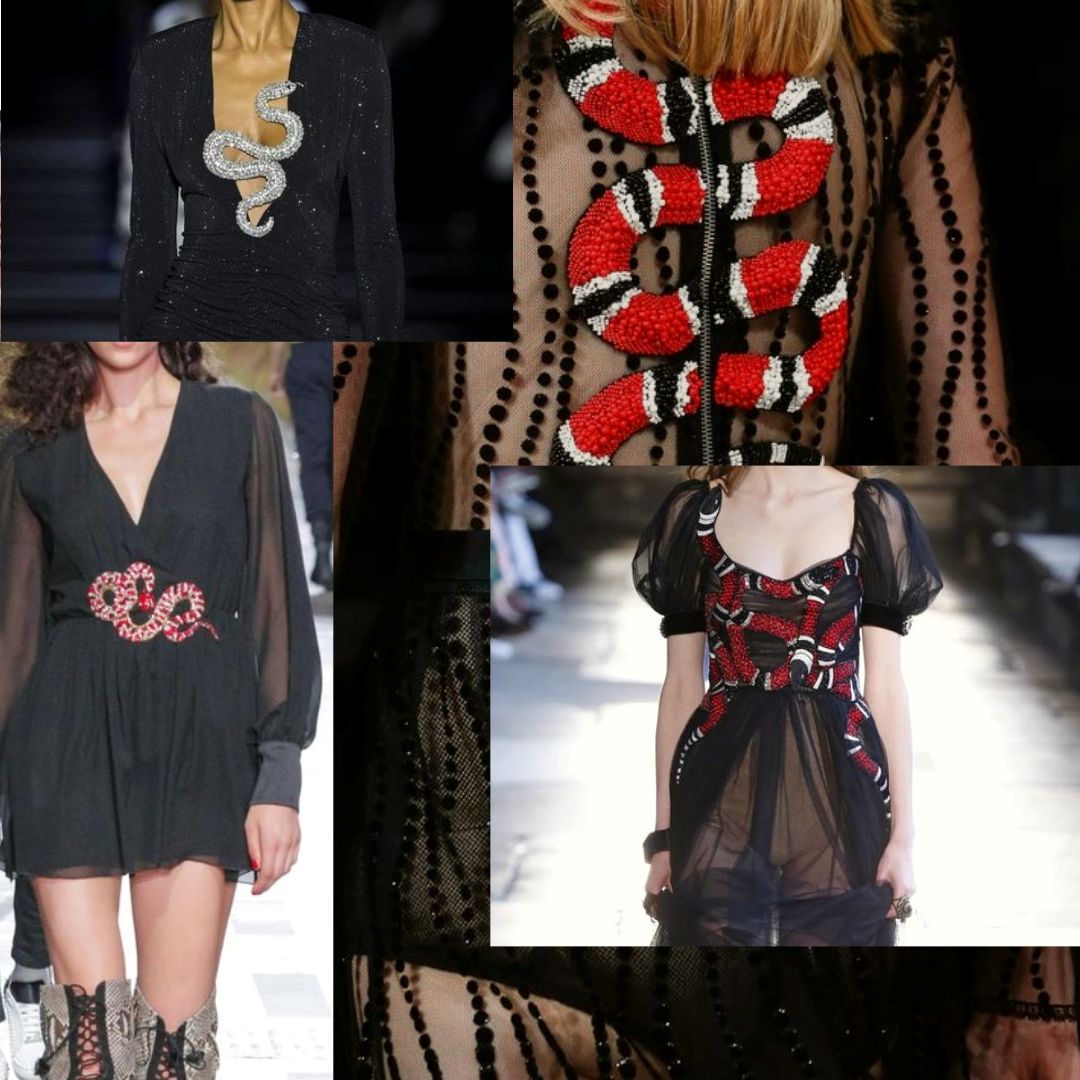 Designs from Gucci’s Resort 2017 collection and Philipp Plein’s Spring/Summer 2018 collection, featuring snake motifs. The pieces include a shimmering silver snake embroidered on a black dress, bold red-and-white snakes in beadwork on a sheer black blouse, and a red-and-white snake embellishment on a black mini dress with puff sleeves, blending romantic and edgy aesthetics.