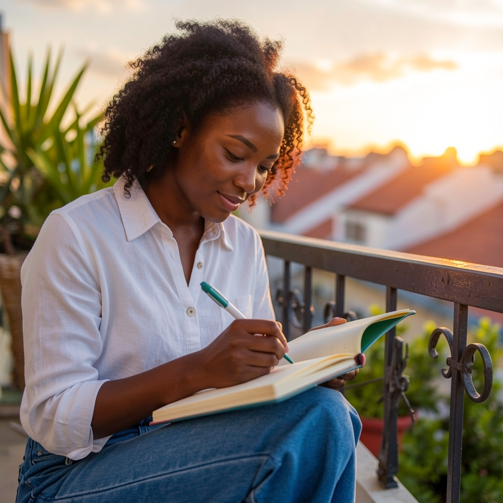 Woman journaling peacefully while traveling abroad