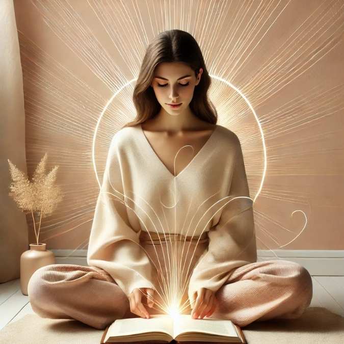 Femme assise avec un livre lumineux, entourée de lignes de lumière symbolisant les compétences intérieures nécessaires pour devenir thérapeute transgénérationnelle