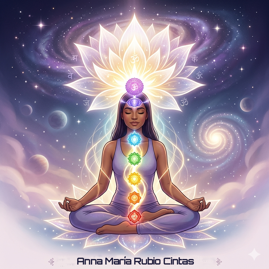 Una ilustración espiritual de una figura humana sentada en posición de loto, mostrando la columna vertebral iluminada con energía dorada que asciende a través de los siete chakras principales hasta la coronilla, donde estalla en una luz blanca radiante y un símbolo de loto místico. El fondo muestra una galaxia cósmica sutil y símbolos esotéricos de ascensión.