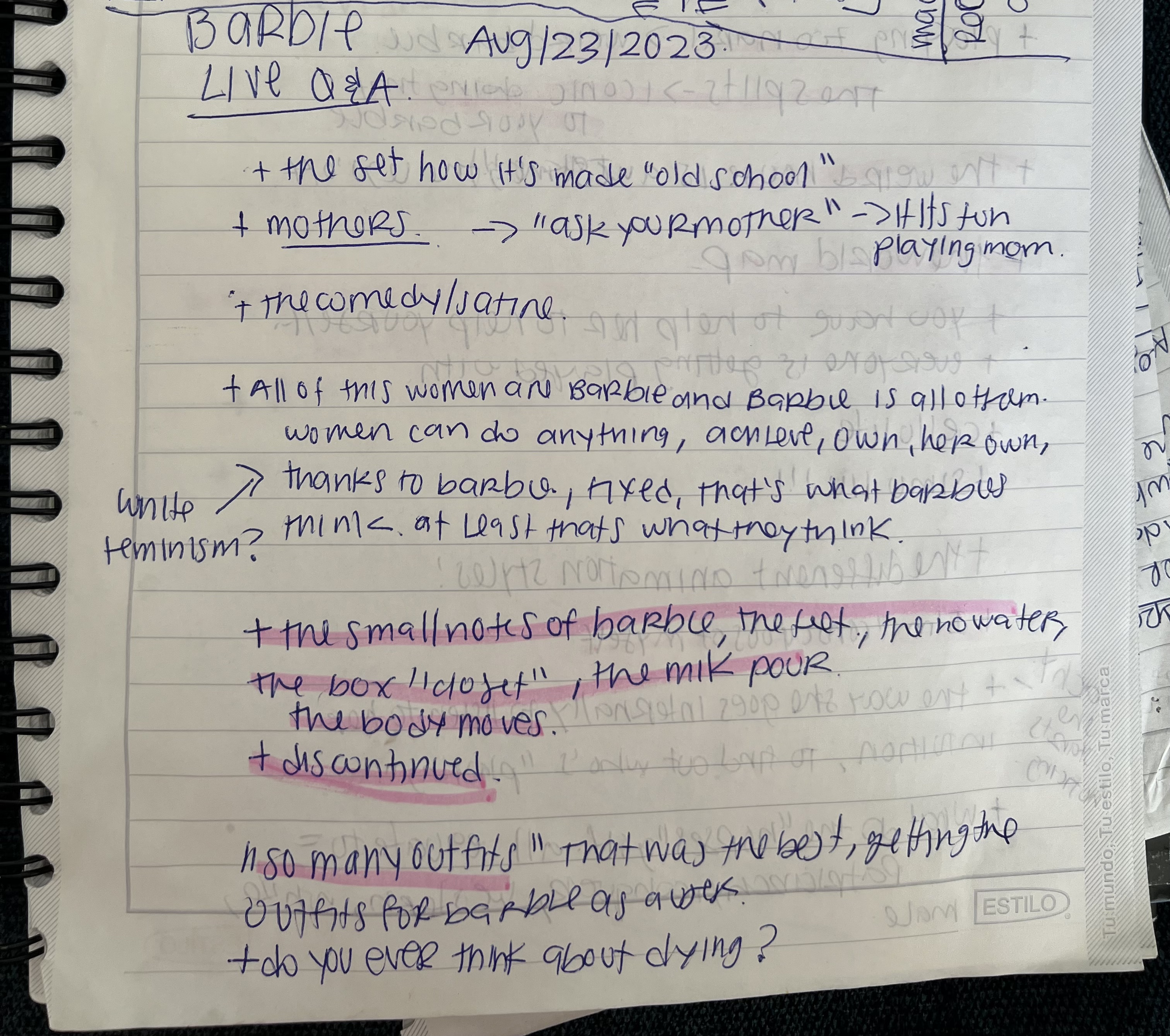 notebook notes of the barbie movie