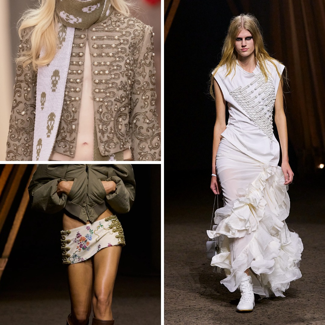 McQueen military frogging across 2026 collections: AW26 Look 13 officer jacket with pearl-beaded metallic frogging; SS26 Look 29 floral mini skirt with gold frogging embroidery; and SS26 Look 16 ivory jersey tank with hand-embroidered frogging.