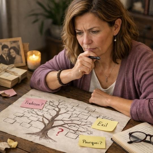 femme observant une carte transgénérationnelle avec des post-it symboliques