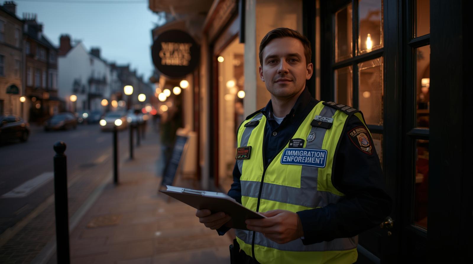 Immigration officer inspecting restaurant entrance