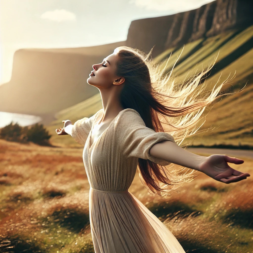Femme debout en pleine nature, les bras ouverts, symbolisant la libération émotionnelle après le syndrome du gisant