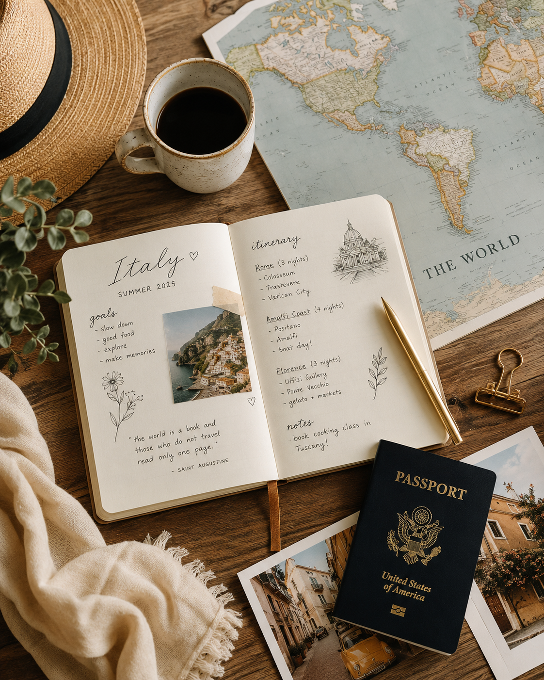 Overhead flat lay of a travel planning session - open journal with handwritten notes, a world map, passport, golden pen and coffee cup on a wooden table