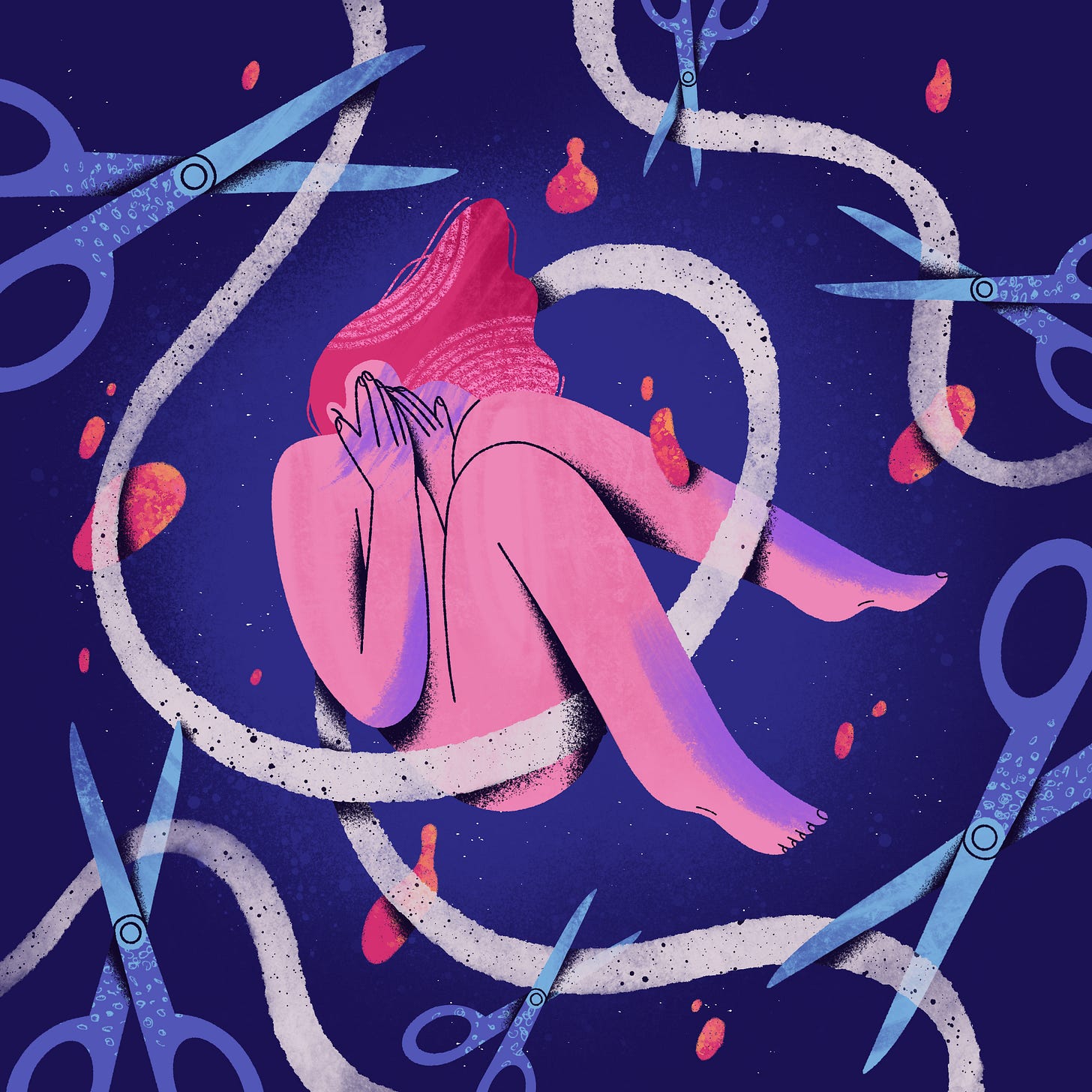 Illustration of a girl, scissors, dark background.