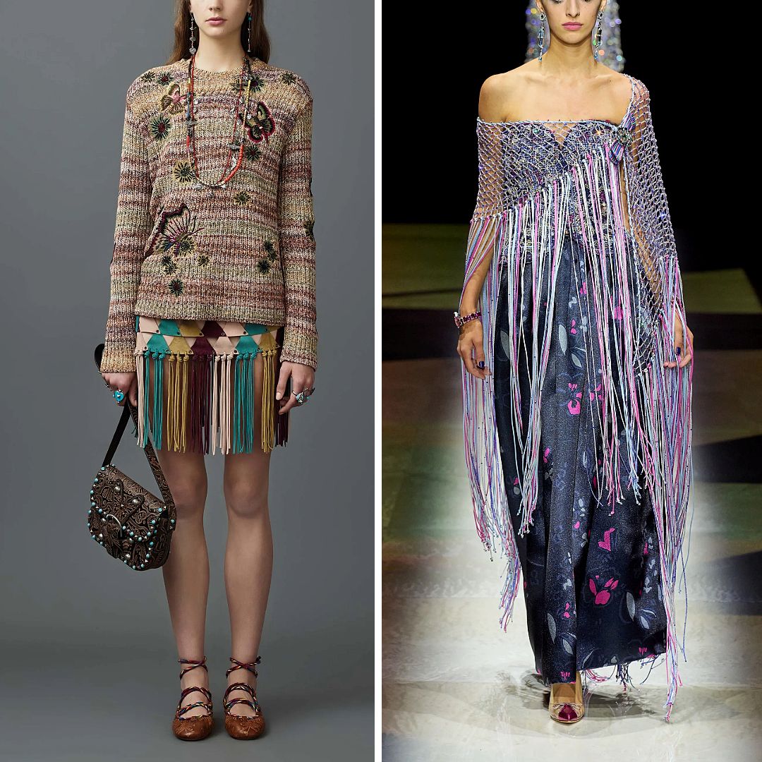 Collage of two looks: left, Valentino Resort 2017 model in embroidered sweater, harlequin-patterned mini skirt with multicoloured leather tassels, and beaded accessories; right, Armani Privé Fall 2022 couture model in dark floral gown with a handwoven mesh shawl featuring long pastel tassels cascading from the shoulders.
