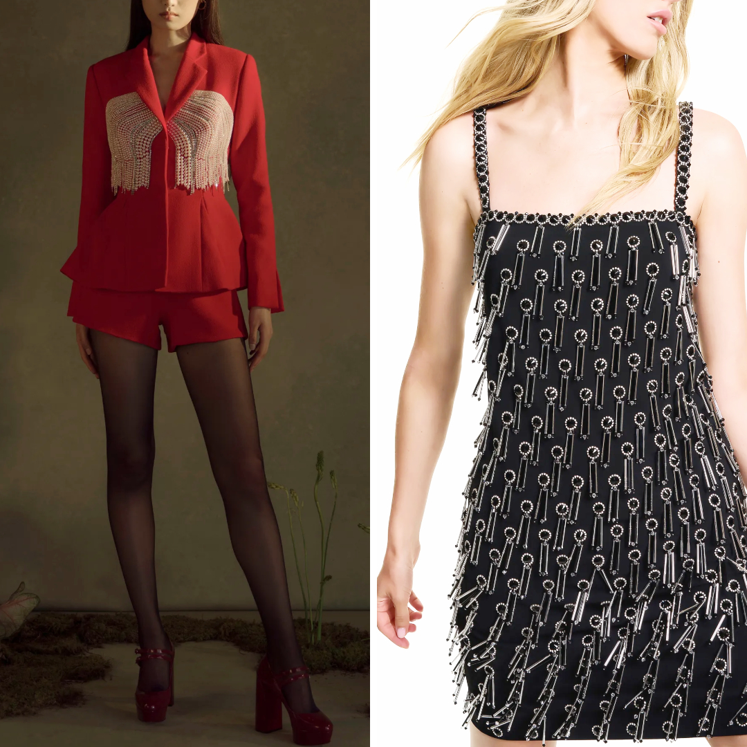 A collage featuring geometric-inspired embellishments: Left, a bold red tailored blazer from Markarian Resort 2025 with structured fringe on the chest; Right, a black mini dress from Jenny Packham Resort 2025 showcasing precise circular and linear beadwork for a striking geometric design