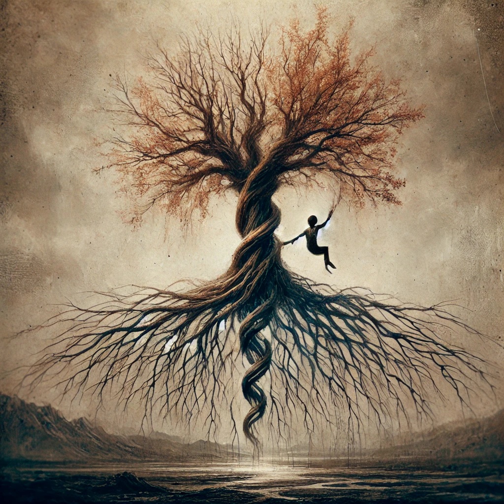 Arbre généalogique abstrait avec des racines profondes, illustrant les héritages familiaux et les blessures transgénérationnelles en psychogénéalogie