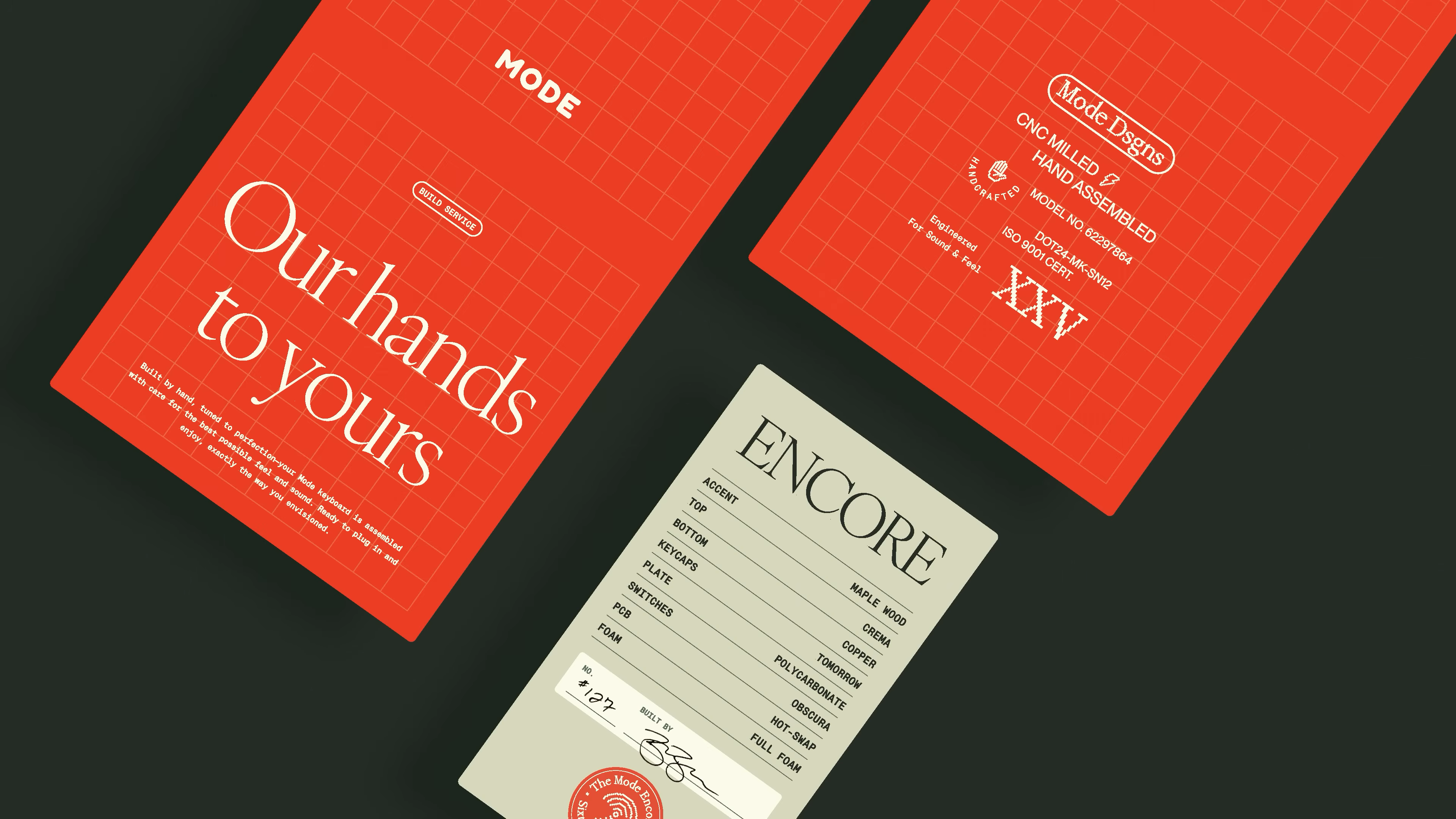 Mode’s bold red packaging for keyboards, featuring grid patterns, handwritten quality control cards, and messaging that highlights craftsmanship—emphasizing Mode’s attention to detail and care in every product, as shown in the branding redesign video.