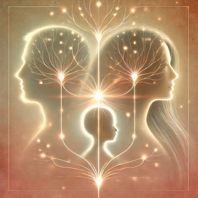 Illustration symbolique d’une lignée familiale, avec des silhouettes reliées par des fils lumineux représentant la transmission émotionnelle et les secrets de famille