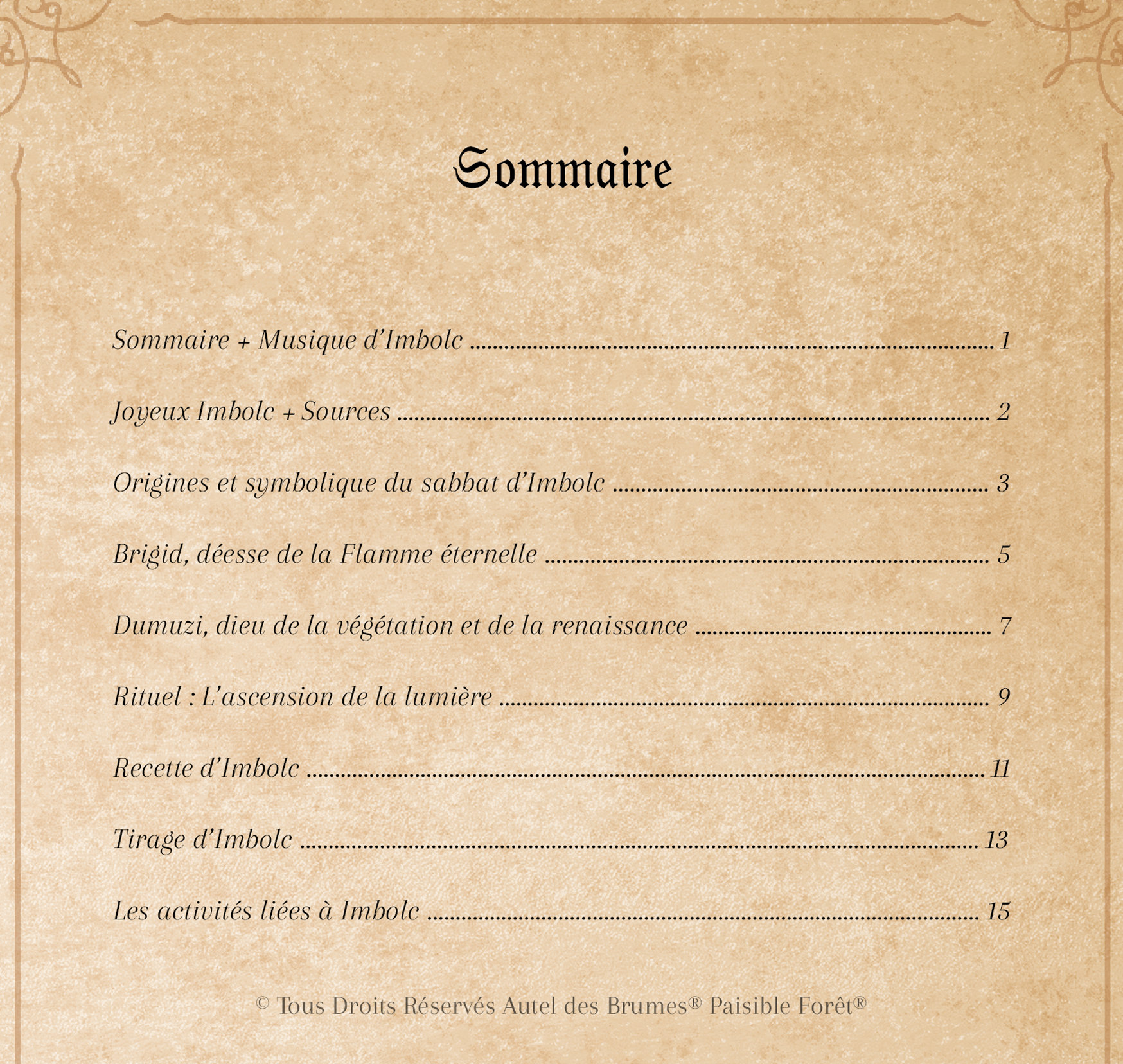 Sommaire Livret-grimoire Imbolc