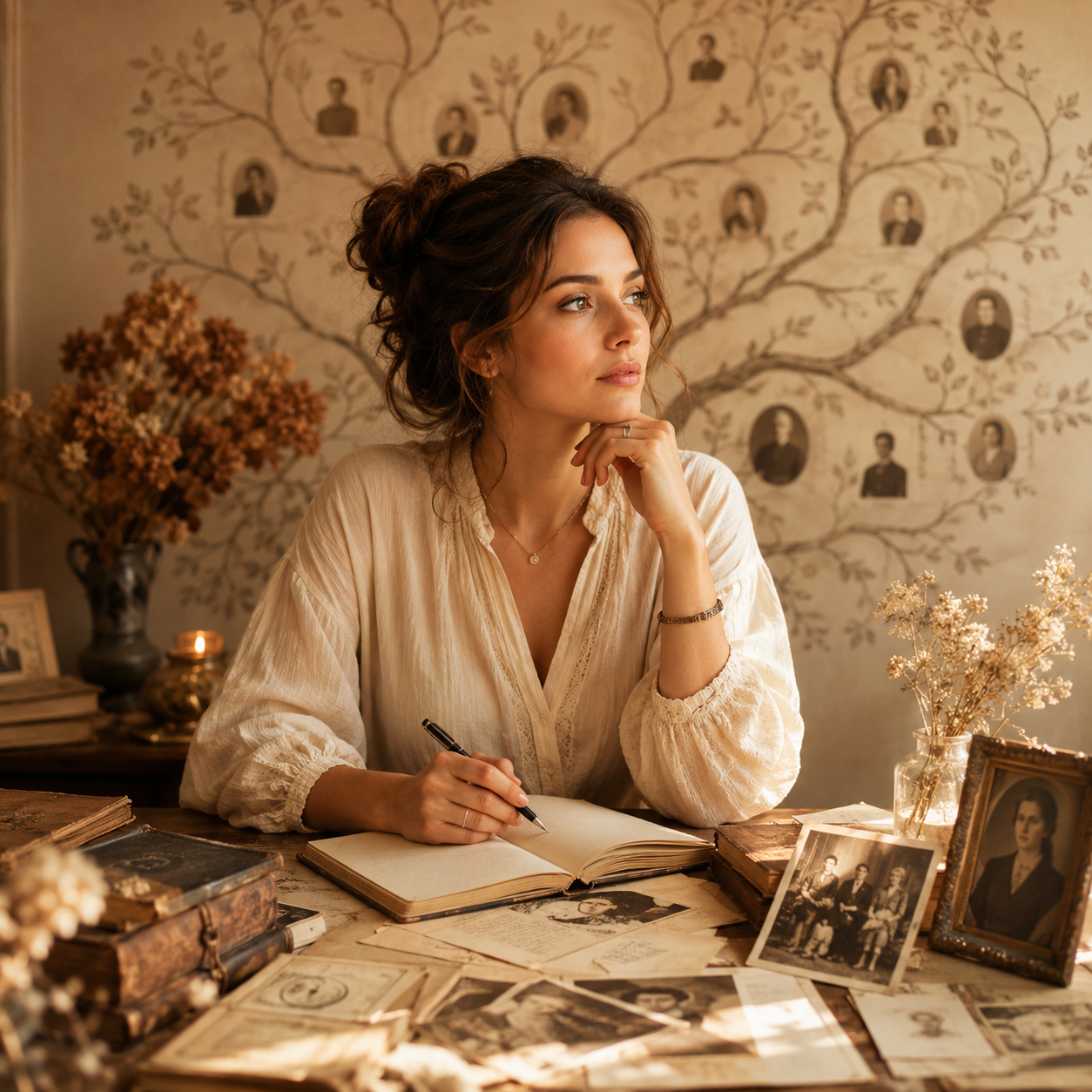 Femme en réflexion devant des documents familiaux pour illustrer les erreurs d’interprétation d’un prénom en transgénérationnel