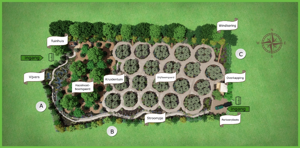 3D Permacultuur Ontwerp voor een Spaans Erf met Olijfboomgaard en hazelnootboomgaard