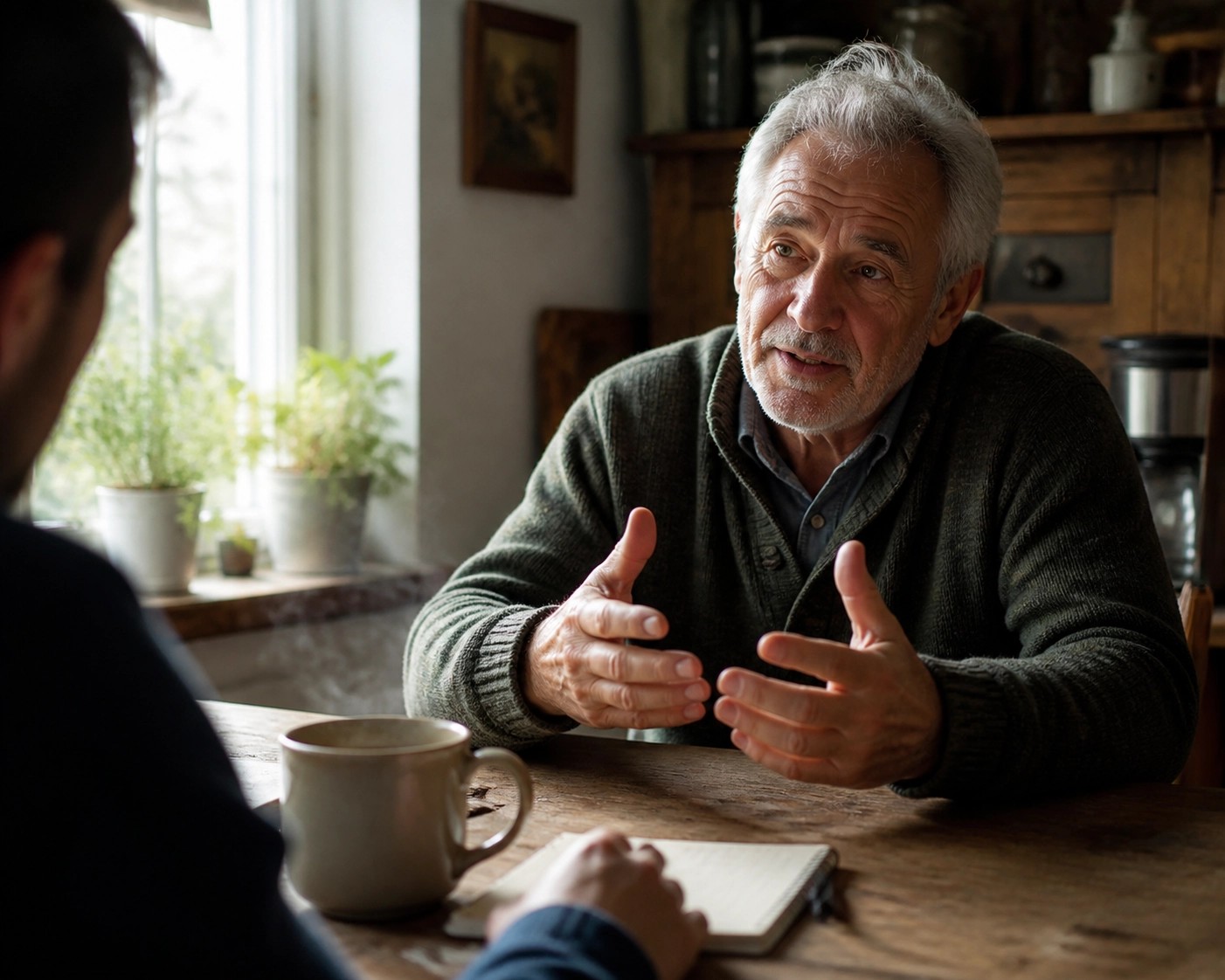  A warm, inviting cup of coffee on a wooden dining table, symbolizing a deep heart-to-heart conversation between a daughter and father.