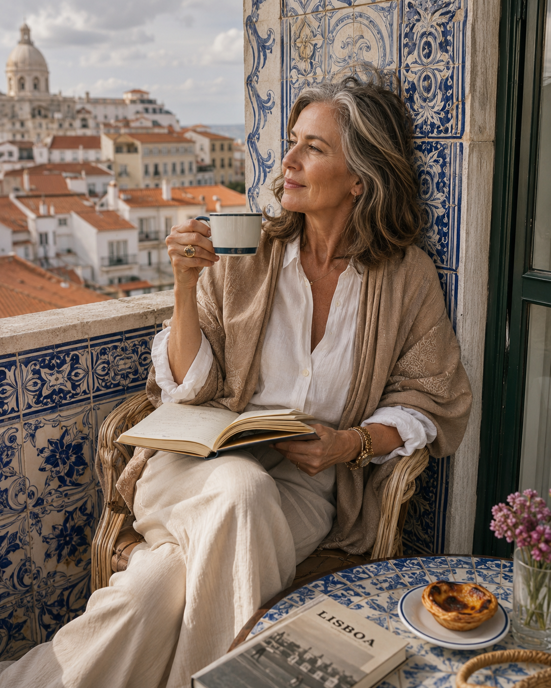 Solo woman enjoying a quiet morning on a balcony during a small-group trip to Portugal.