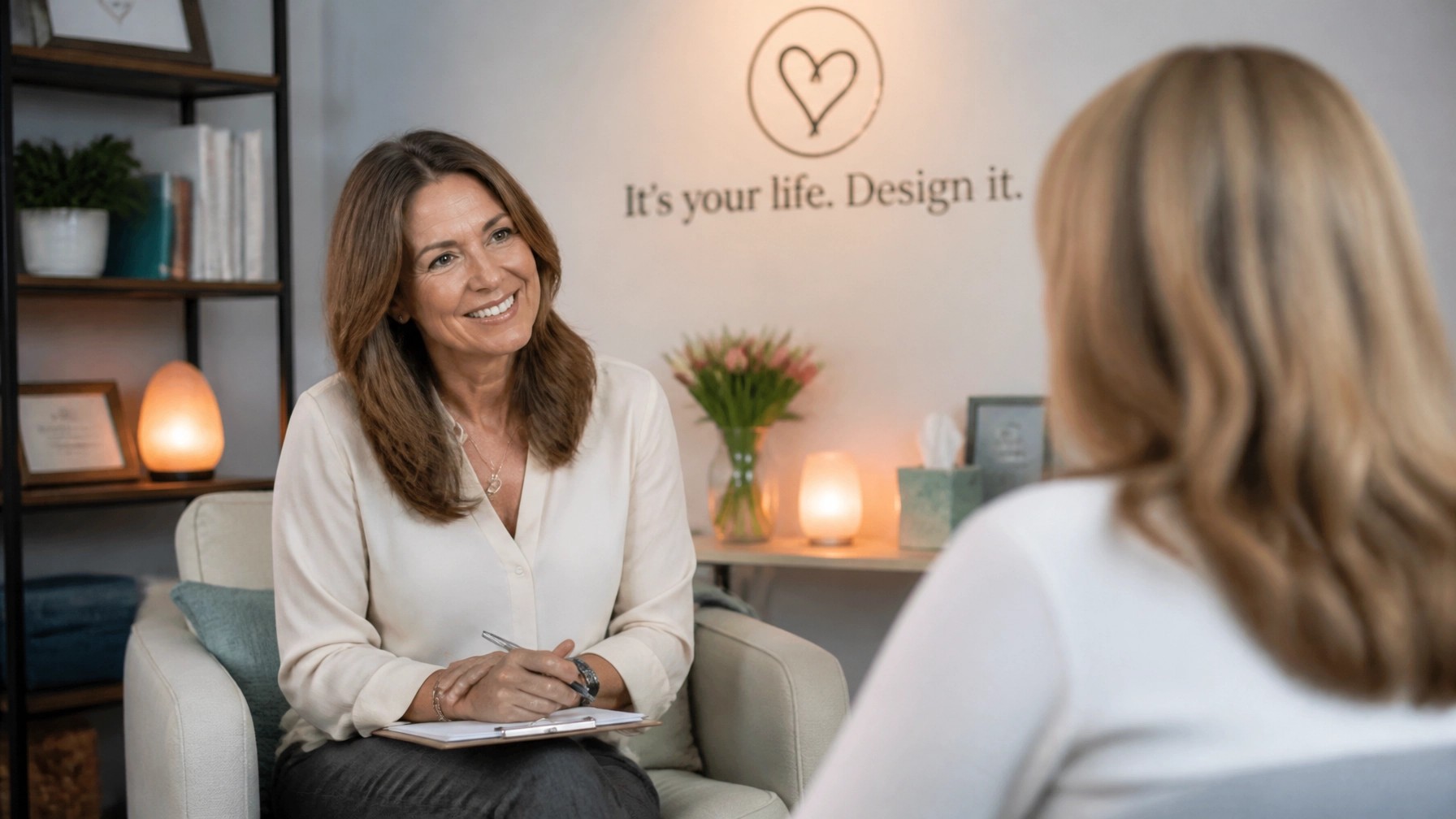 Joy Huntsman, Master Coach, in a warm and professional setting, engaged in a supportive coaching conversation.