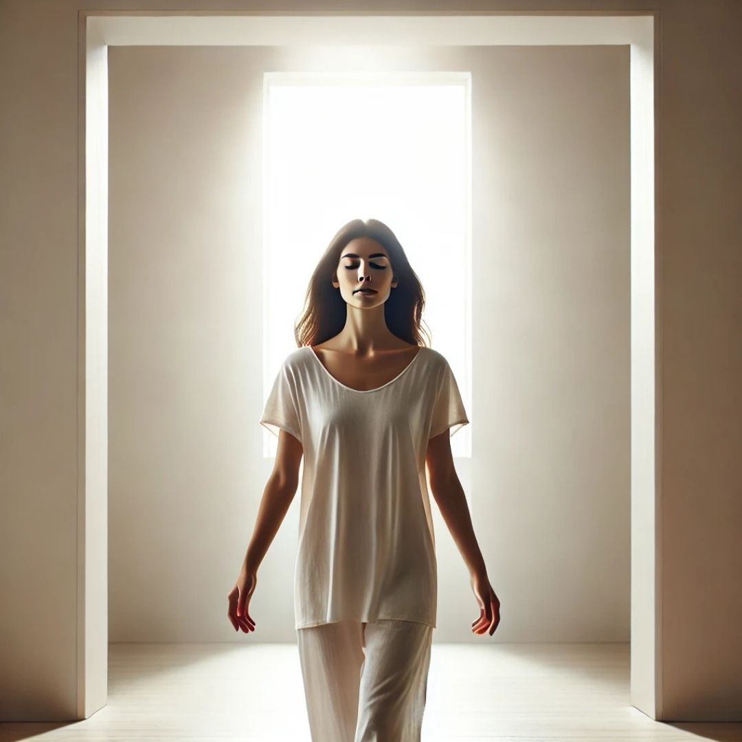 Femme marchant sereinement vers la lumière, incarnant la libération intérieure après la guérison d’une blessure d’humiliation
