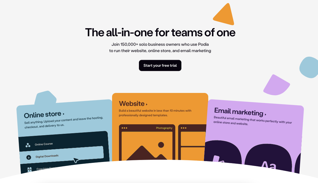 Diagram or mockup showing all Podia features connected - email, products, website, etc.