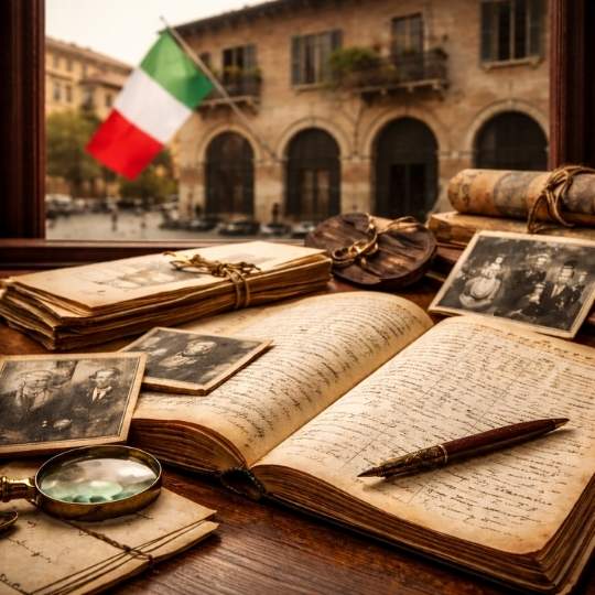 Registre ancien conservé dans un comune italien avec archives paroissiales pour une recherche transgénérationnelle.