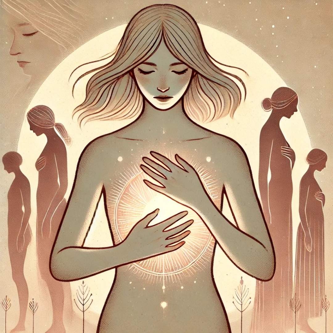 illustration symbolique d’une femme portant les mémoires transgénérationnelles de sa lignée féminine