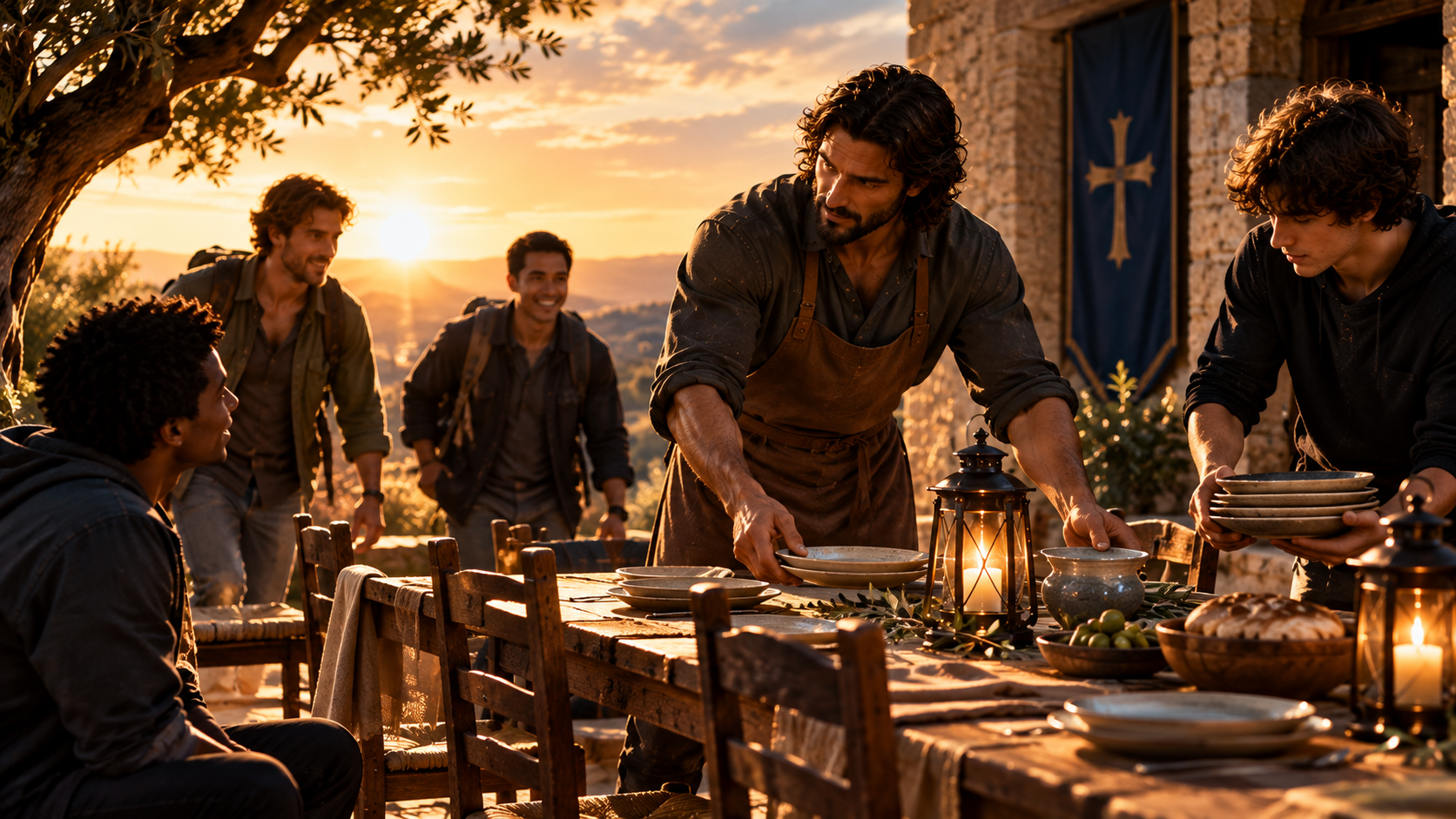 Two men setting a table with friends arriving for a meal
