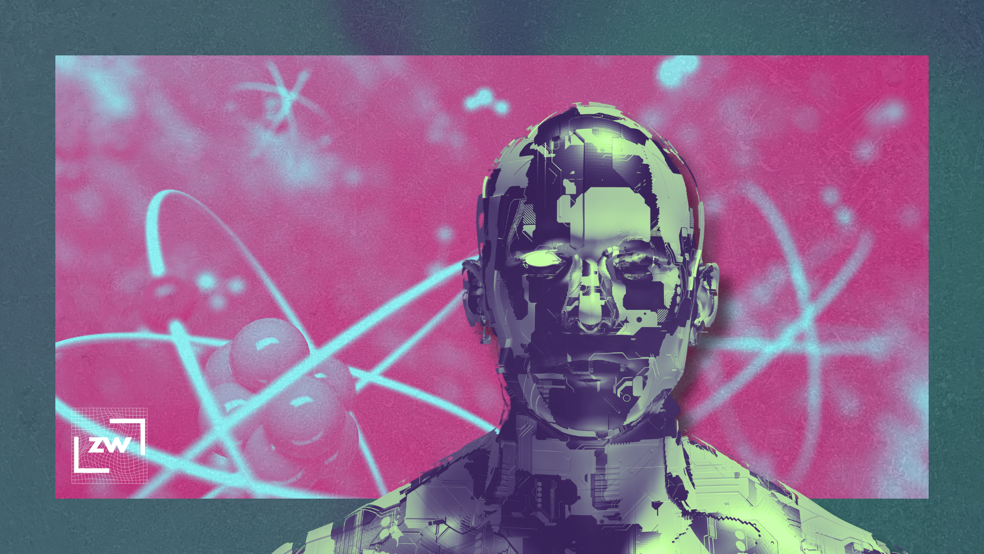 an image of atomic particles superimposed over a 3d rendering of a personified AI
