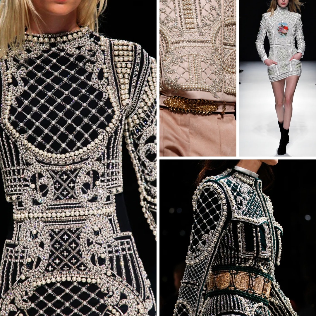 Close-up collage of Balmain Fall 2012 designs by Olivier Rousteing, showing hand-embroidered jackets with pearls, crystals, and metallic beading on structured silhouettes.