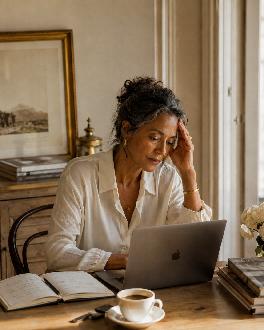 A woman sitting alone at a wooden table with an open laptop and a notebook, mid-planning, coffee cups nearby