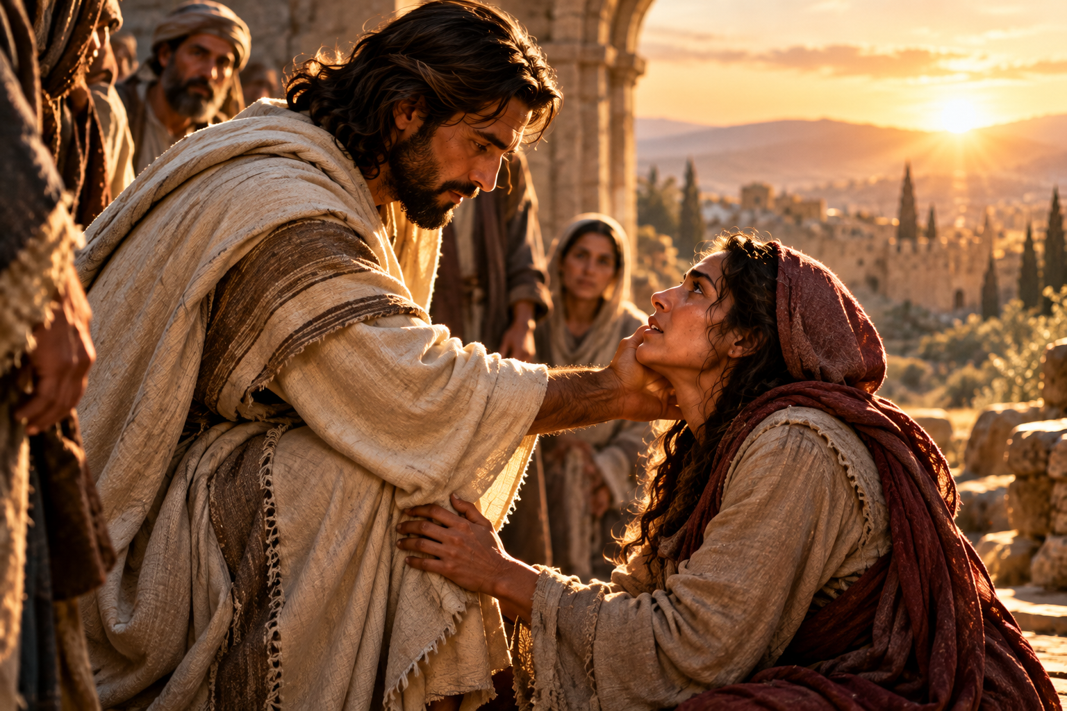 Biblically inspired theme of Jesus healing a woman