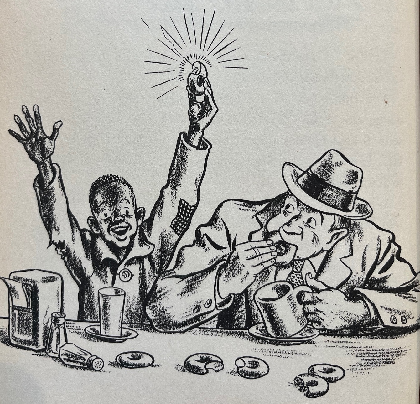 Illustration by Robert McCloskey of Rupert Black in HOMER PRICE, 1943. A caricature - and yet in 1940s Ohio he's sitting at a lunch room counter by an unperturbed white man, and he's winning against the odds. 
